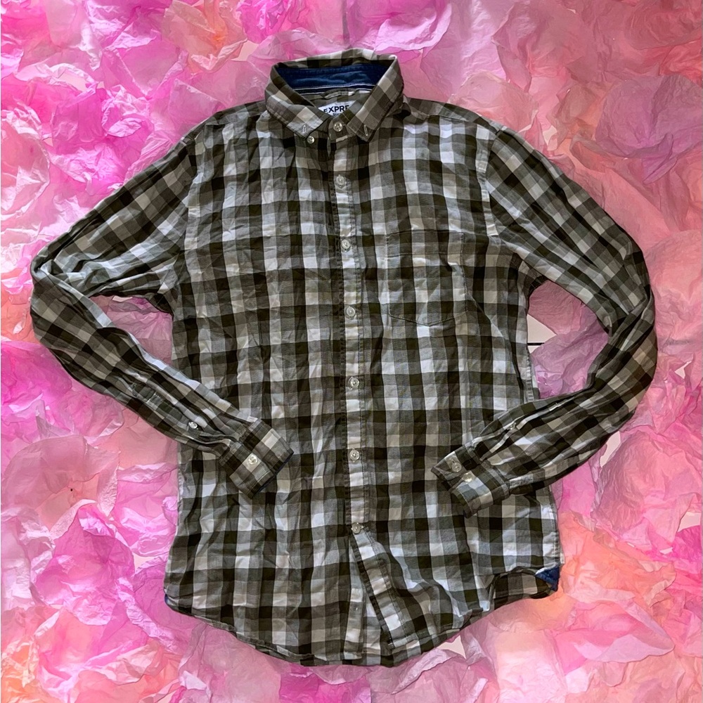 Express brand soft wash plaid grey button down shirt